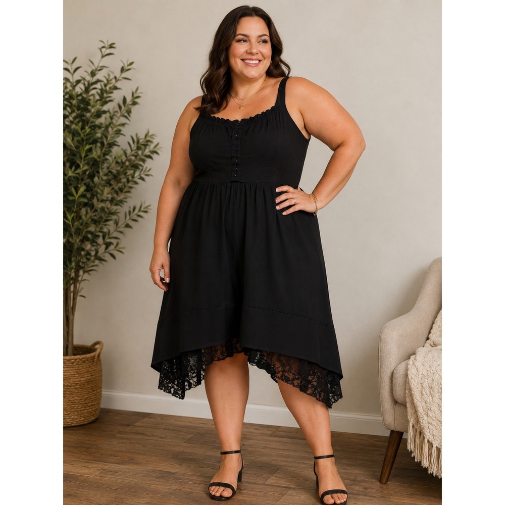 Torrid Black Lace Handkerchief Hem Midi Dress Hook & Eye Bodice Size 16 10687323